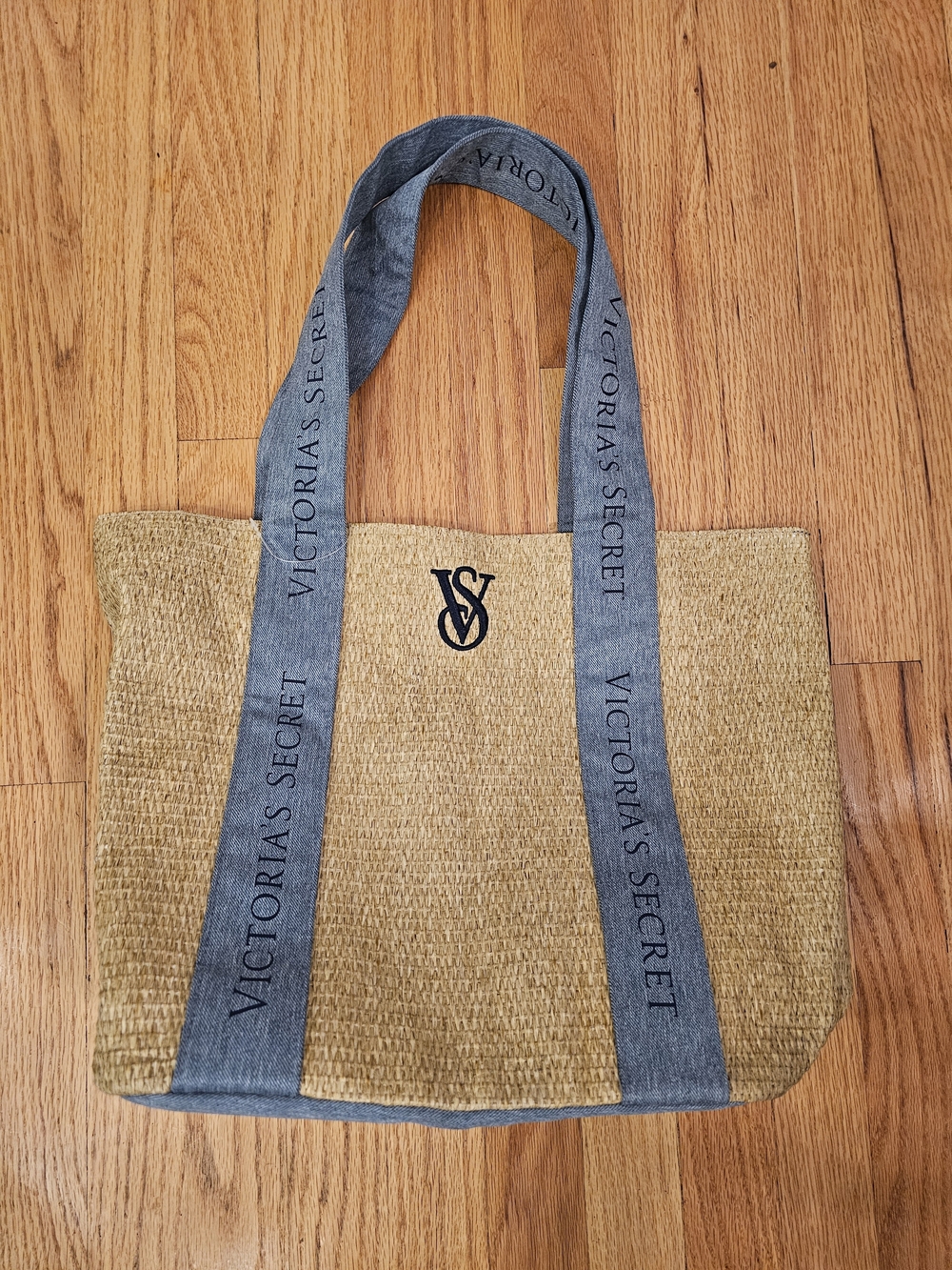Victoria's Secret Tan Straw Tote with Denim Logo Straps and VS Emblem